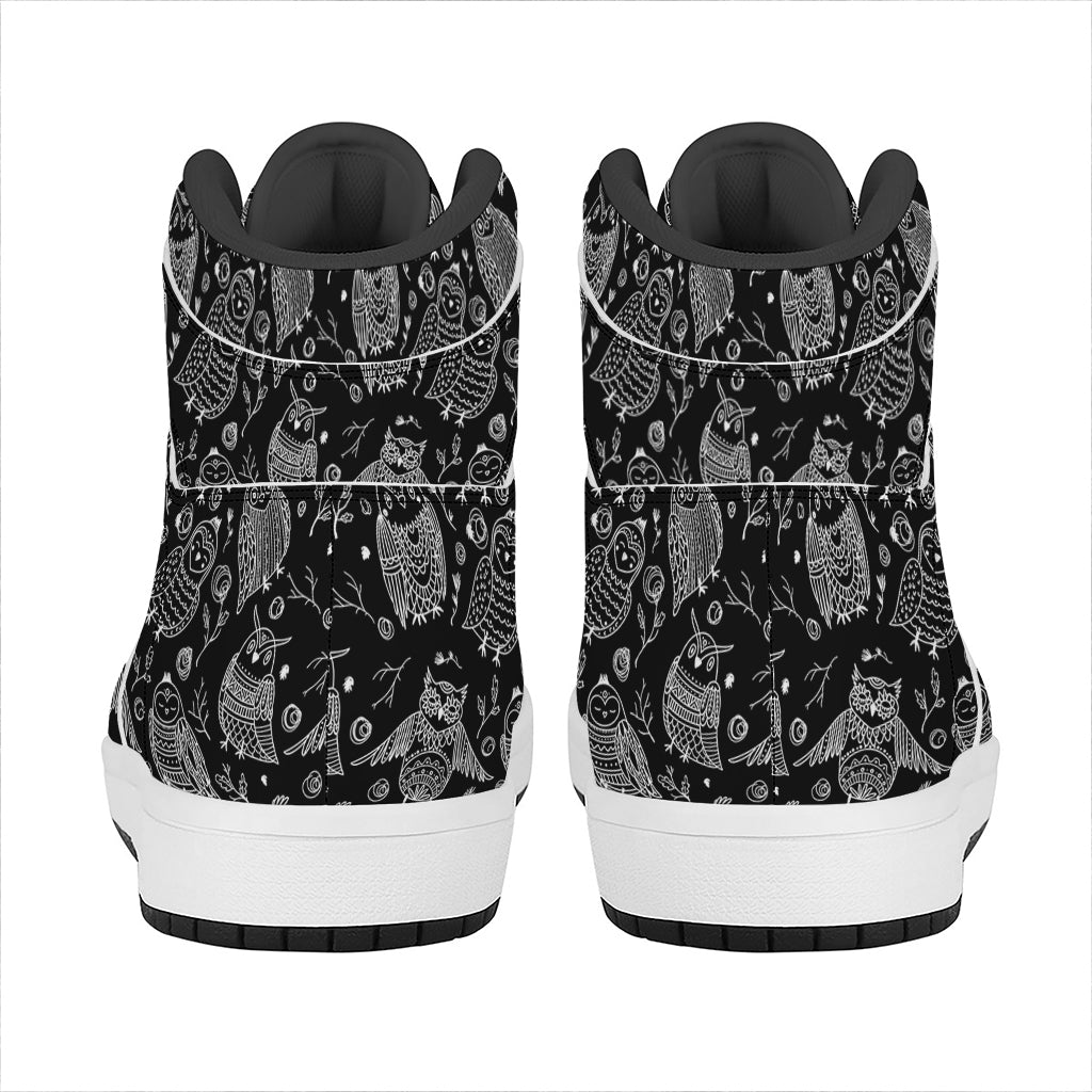 Black And White Owl Pattern Print High Top Leather Sneakers