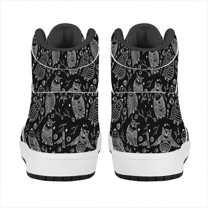 Black And White Owl Pattern Print High Top Leather Sneakers