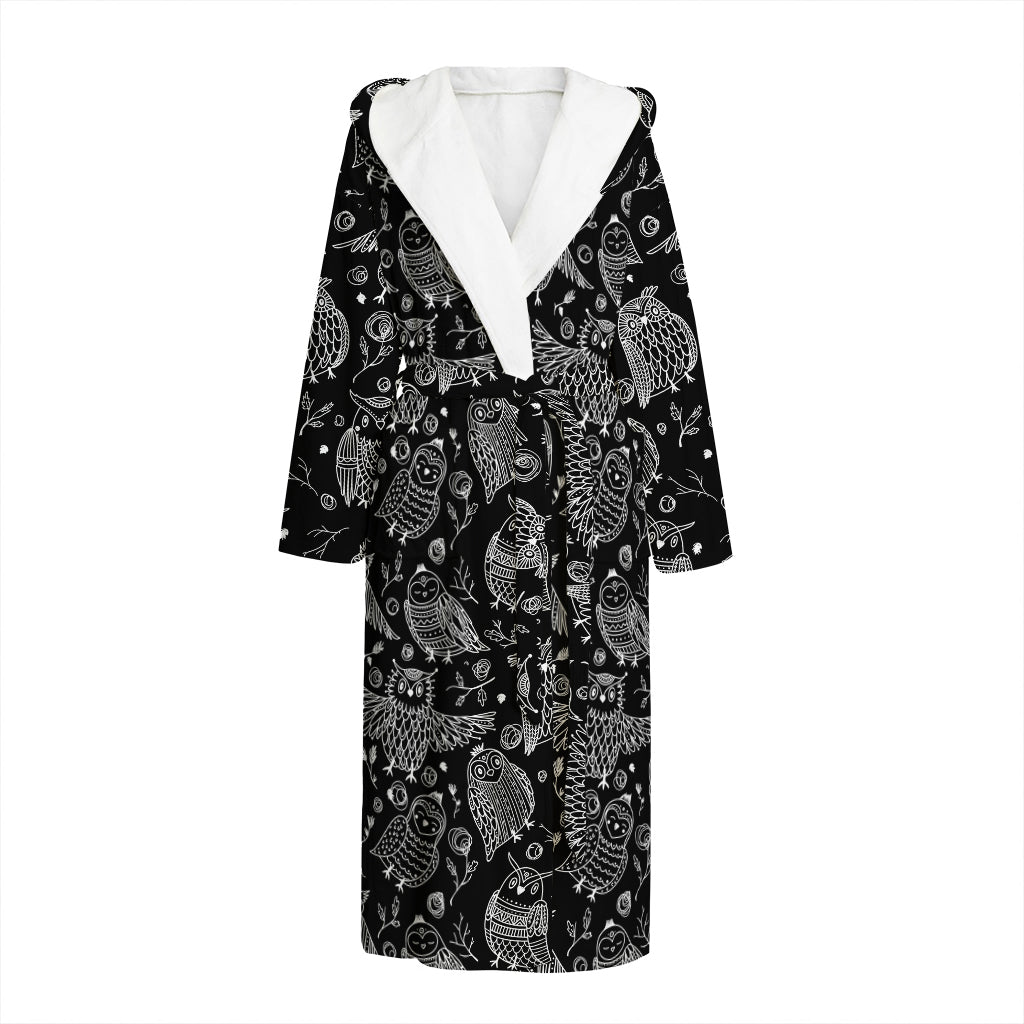 Black And White Owl Pattern Print Hooded Bathrobe