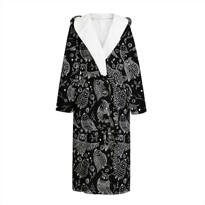 Black And White Owl Pattern Print Hooded Bathrobe