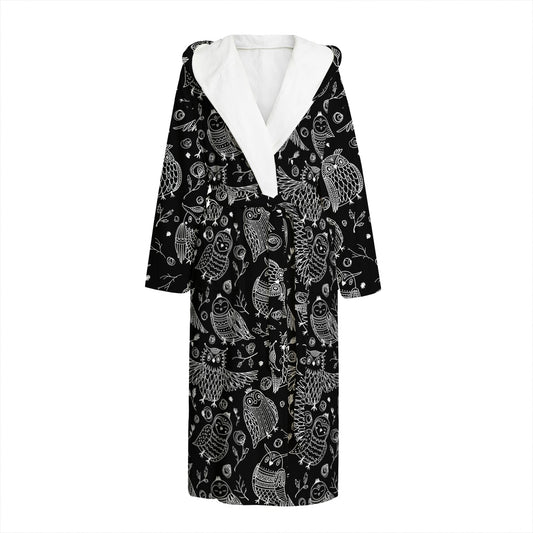 Black And White Owl Pattern Print Hooded Bathrobe