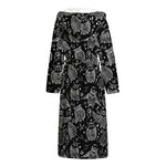 Black And White Owl Pattern Print Hooded Bathrobe