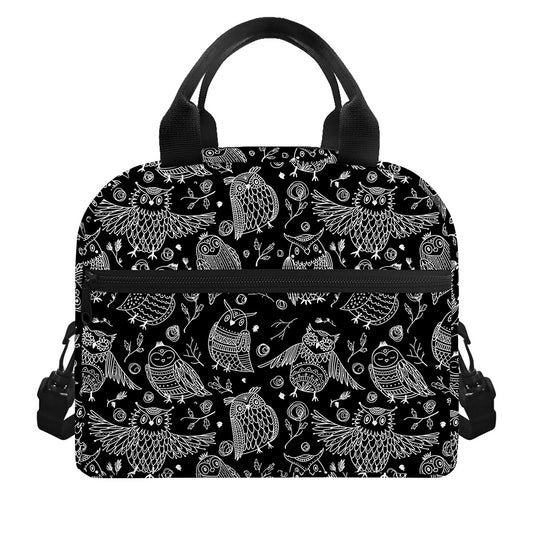 Black And White Owl Pattern Print Insulated Lunch Bag