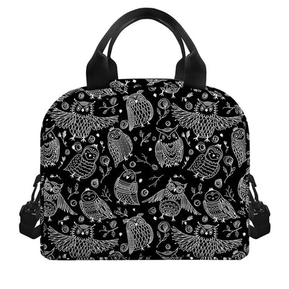 Black And White Owl Pattern Print Insulated Lunch Bag