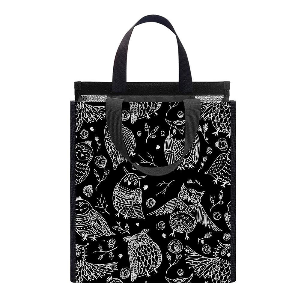 Black And White Owl Pattern Print Insulated Lunch Tote