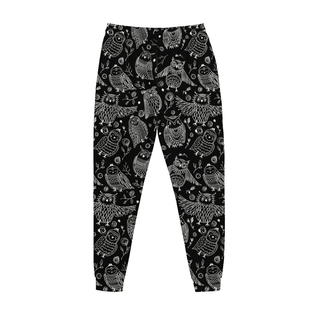 Black And White Owl Pattern Print Jogger Pants