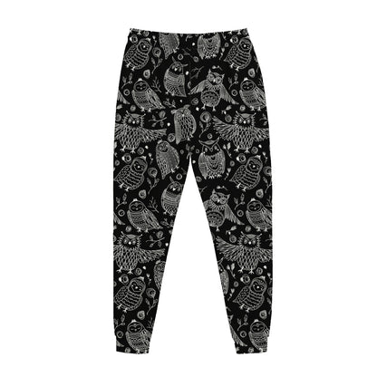 Black And White Owl Pattern Print Jogger Pants