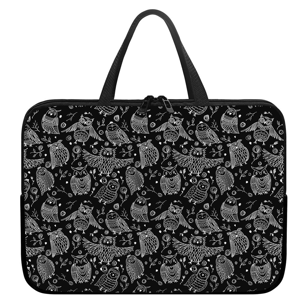 Black And White Owl Pattern Print Laptop Sleeve With Handle