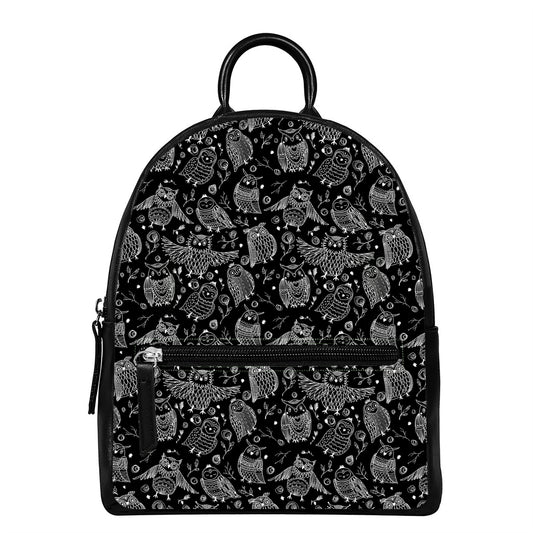 Black And White Owl Pattern Print Leather Backpack