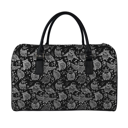 Black And White Owl Pattern Print Leather Duffle Bag