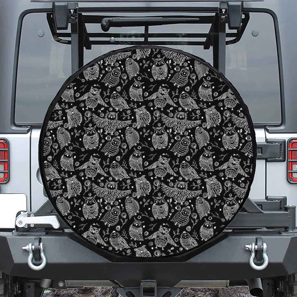 Black And White Owl Pattern Print Leather Spare Tire Cover