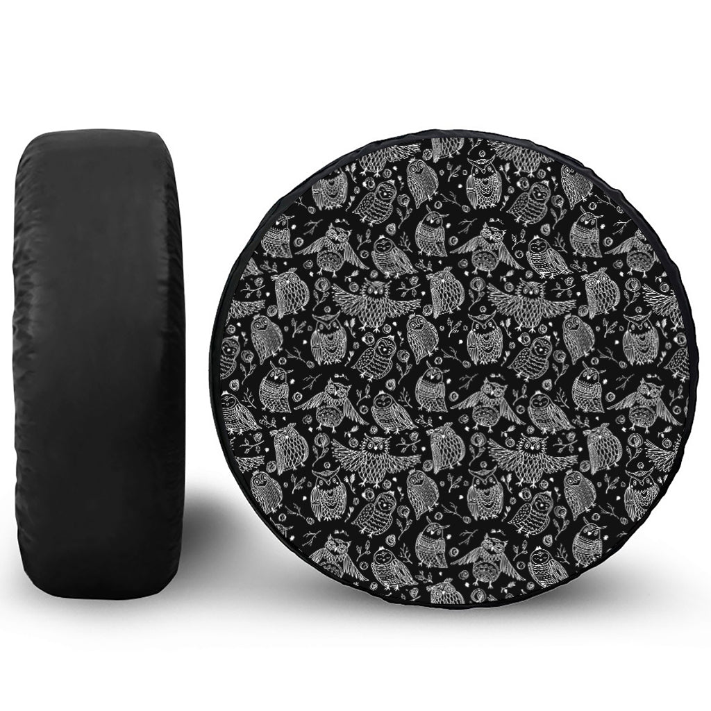 Black And White Owl Pattern Print Leather Spare Tire Cover