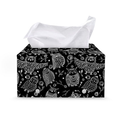 Black And White Owl Pattern Print Leather Tissue Box Cover