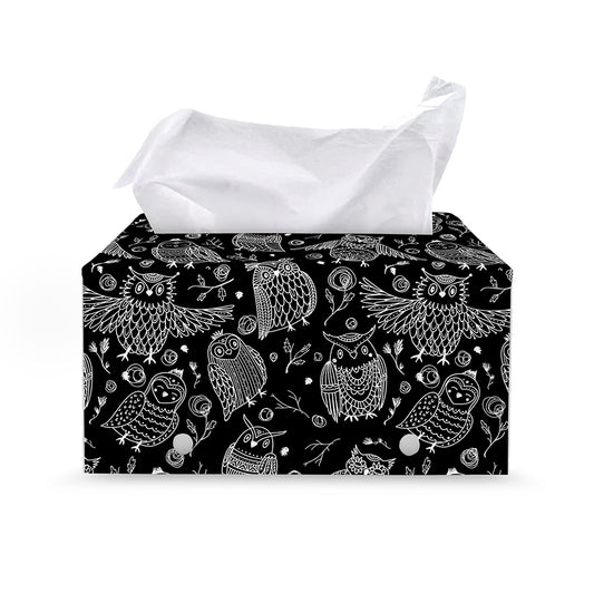 Black And White Owl Pattern Print Leather Tissue Box Cover