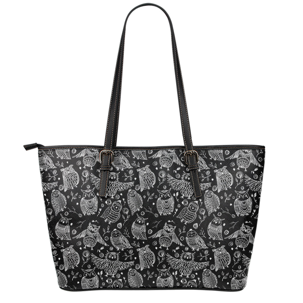 Black And White Owl Pattern Print Leather Tote Bag