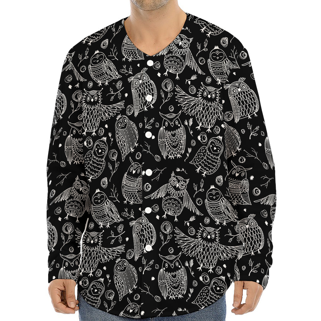 Black And White Owl Pattern Print Long Sleeve Baseball Jersey