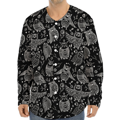 Black And White Owl Pattern Print Long Sleeve Baseball Jersey