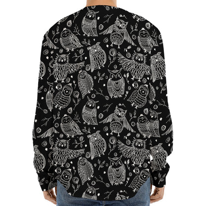 Black And White Owl Pattern Print Long Sleeve Baseball Jersey