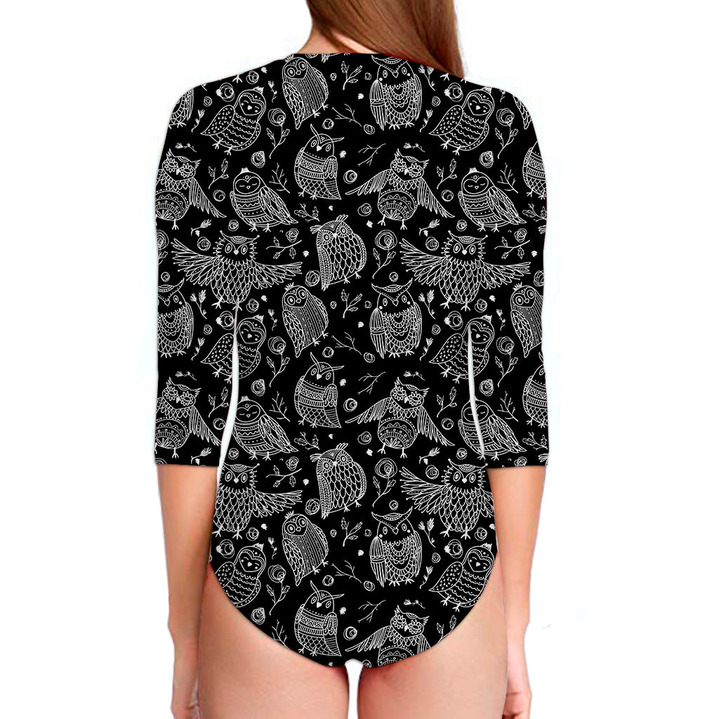 Black And White Owl Pattern Print Long Sleeve Swimsuit