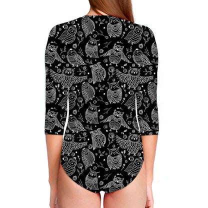 Black And White Owl Pattern Print Long Sleeve Swimsuit