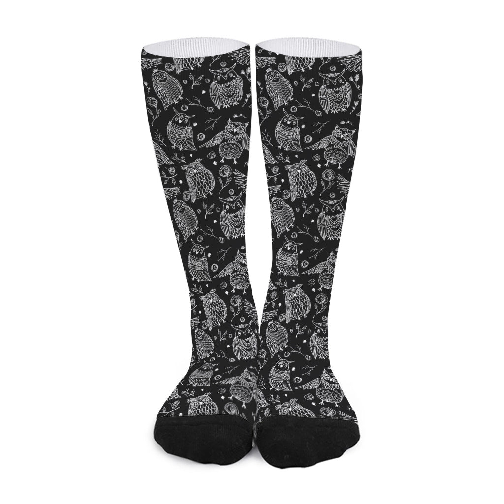 Black And White Owl Pattern Print Long Socks