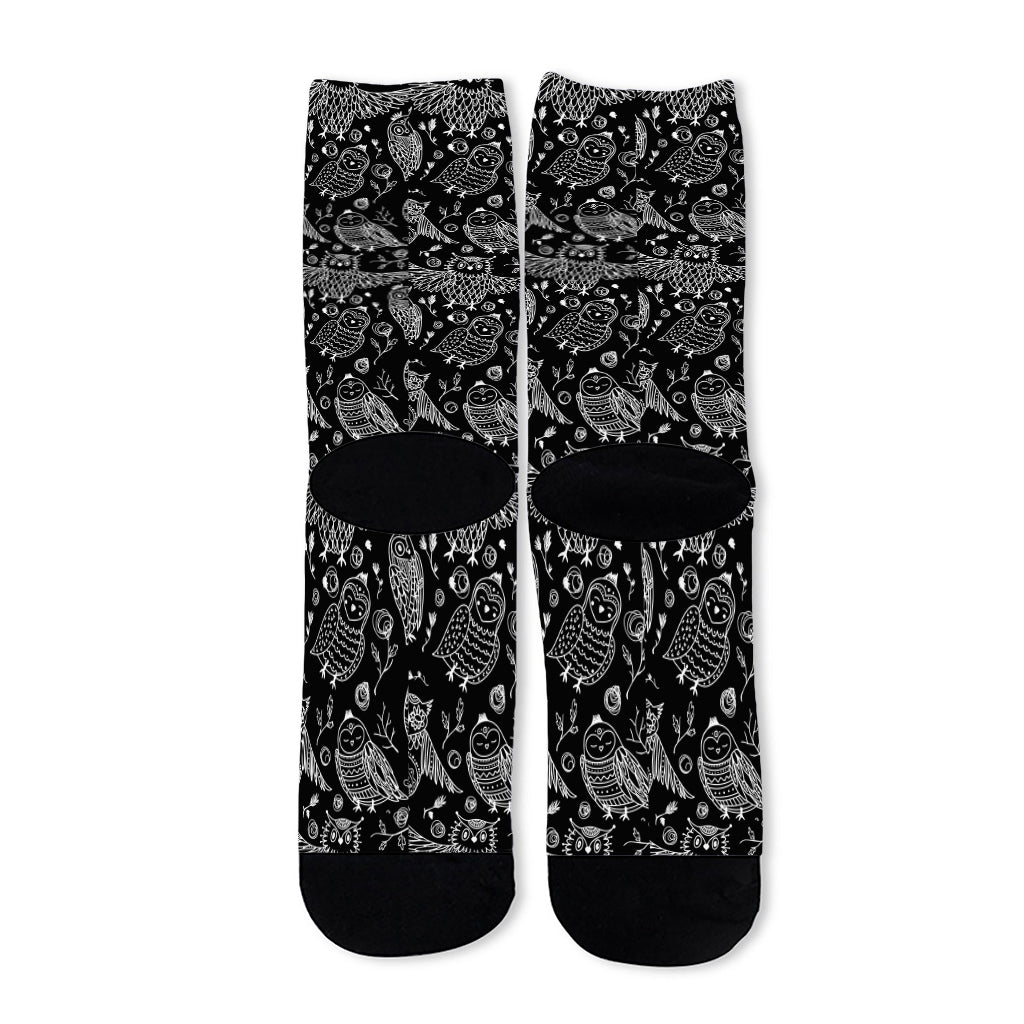 Black And White Owl Pattern Print Long Socks