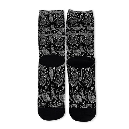 Black And White Owl Pattern Print Long Socks