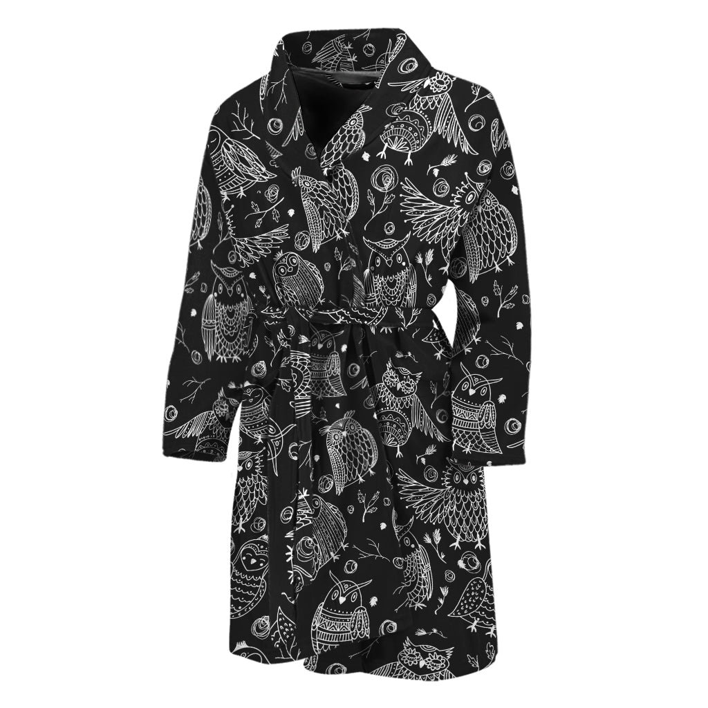 Black And White Owl Pattern Print Men's Bathrobe