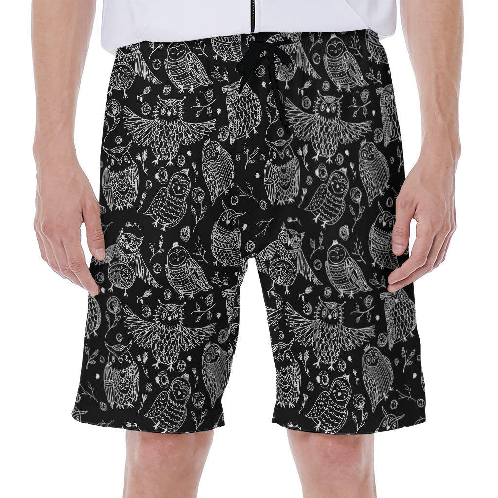 Black And White Owl Pattern Print Men's Beach Shorts
