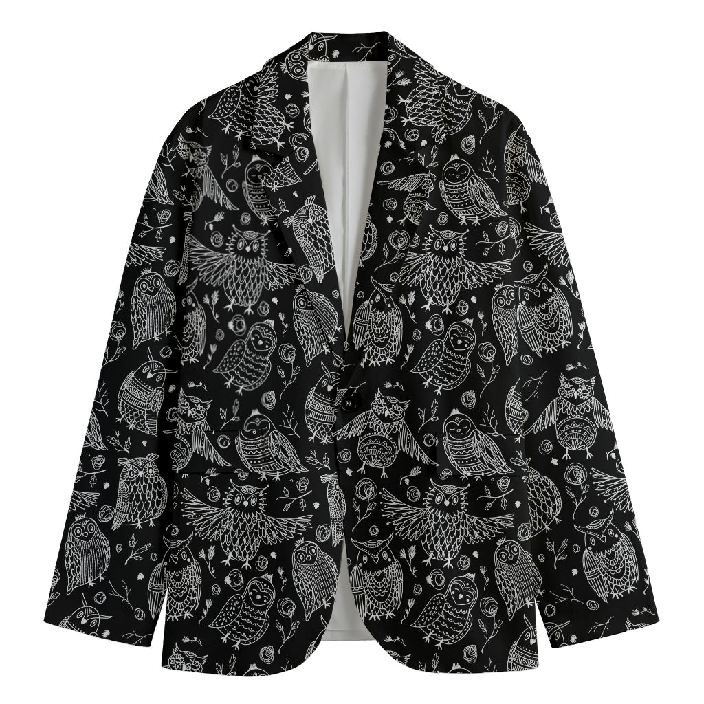 Black And White Owl Pattern Print Men's Cotton Blazer