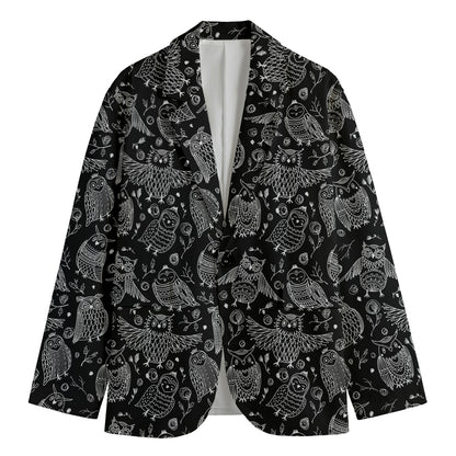 Black And White Owl Pattern Print Men's Cotton Blazer