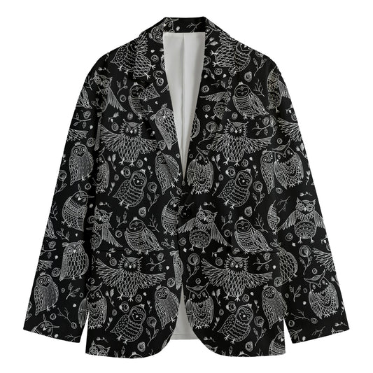 Black And White Owl Pattern Print Men's Cotton Blazer