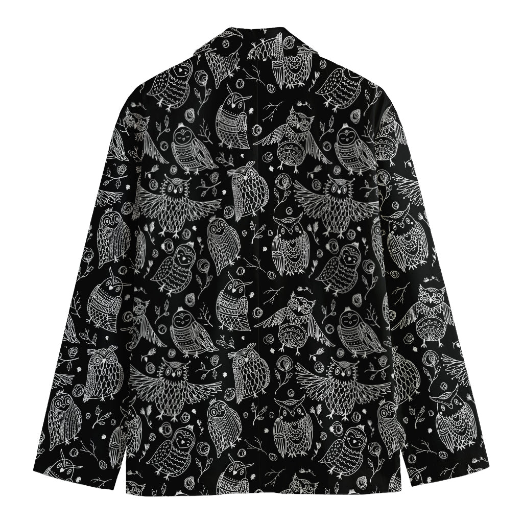 Black And White Owl Pattern Print Men's Cotton Blazer