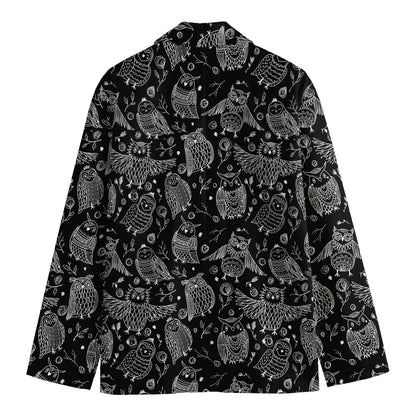 Black And White Owl Pattern Print Men's Cotton Blazer