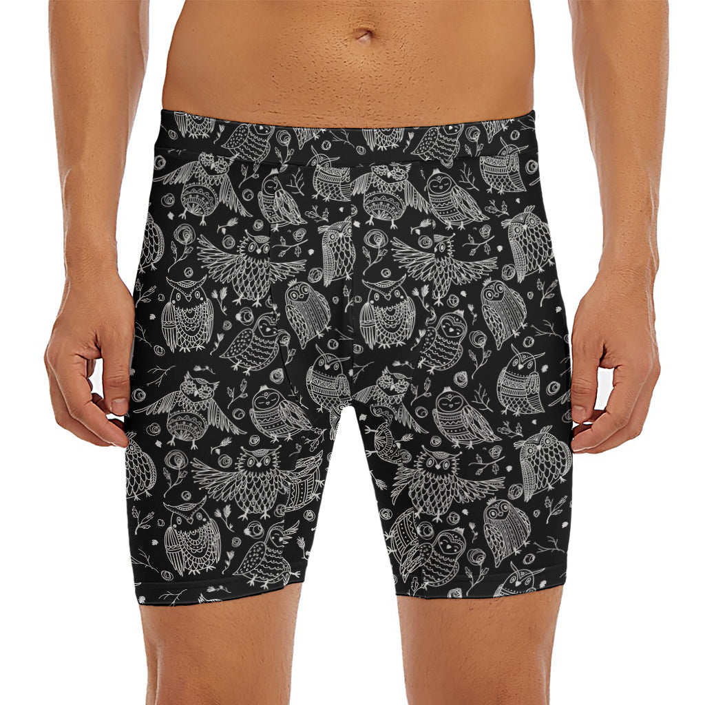 Black And White Owl Pattern Print Men's Long Boxer Briefs