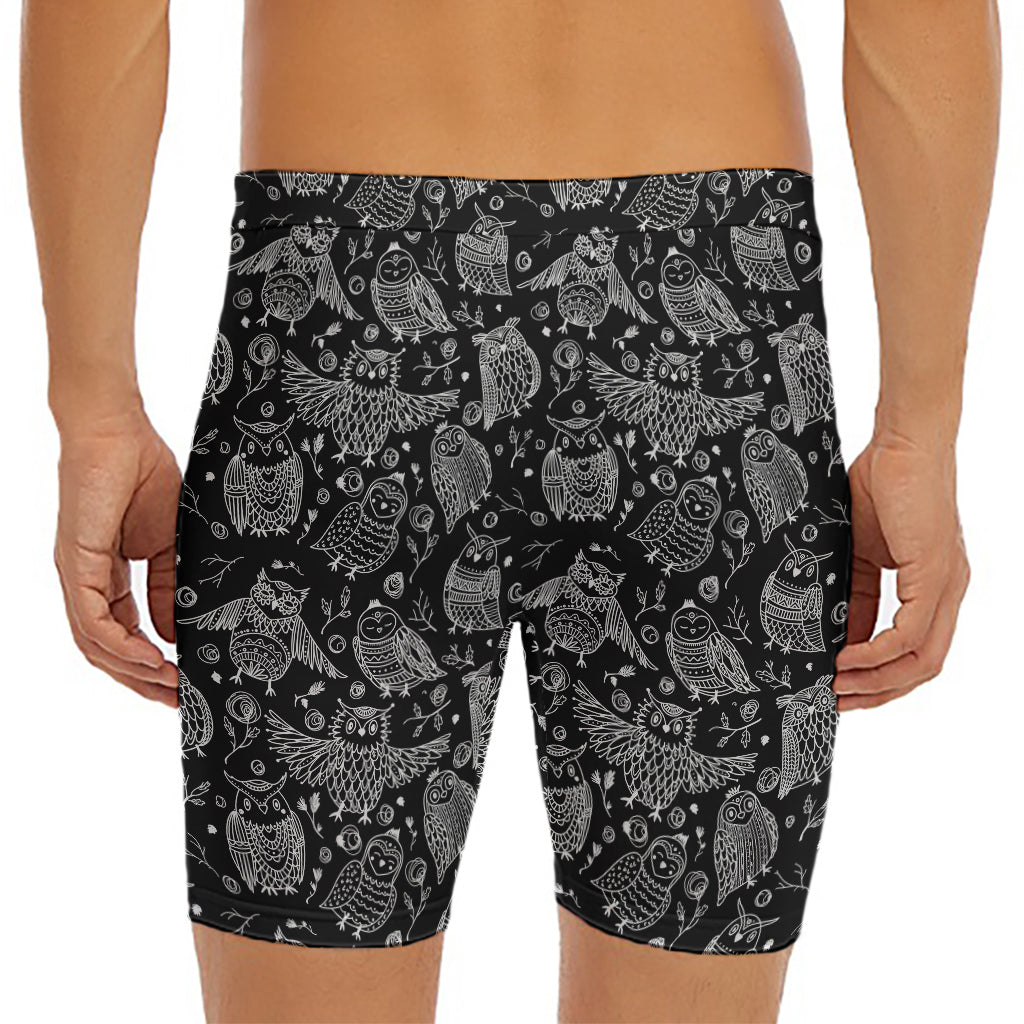 Black And White Owl Pattern Print Men's Long Boxer Briefs
