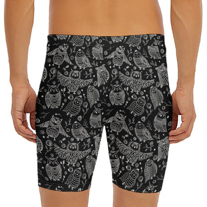 Black And White Owl Pattern Print Men's Long Boxer Briefs