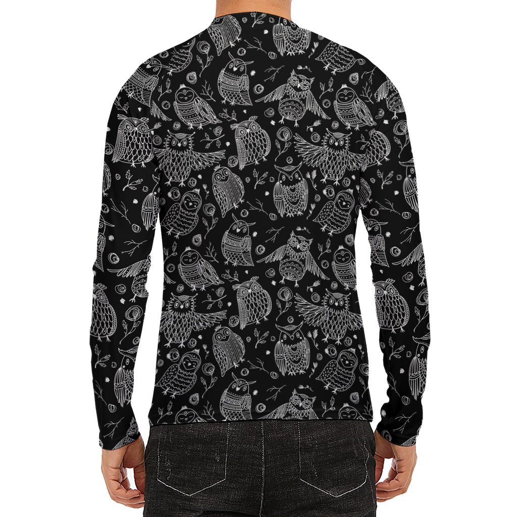 Black And White Owl Pattern Print Men's Long Sleeve Rash Guard