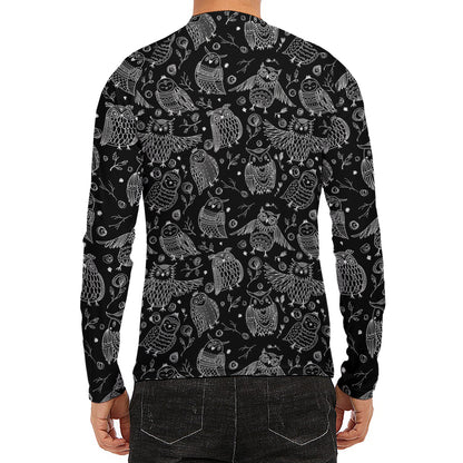 Black And White Owl Pattern Print Men's Long Sleeve Rash Guard