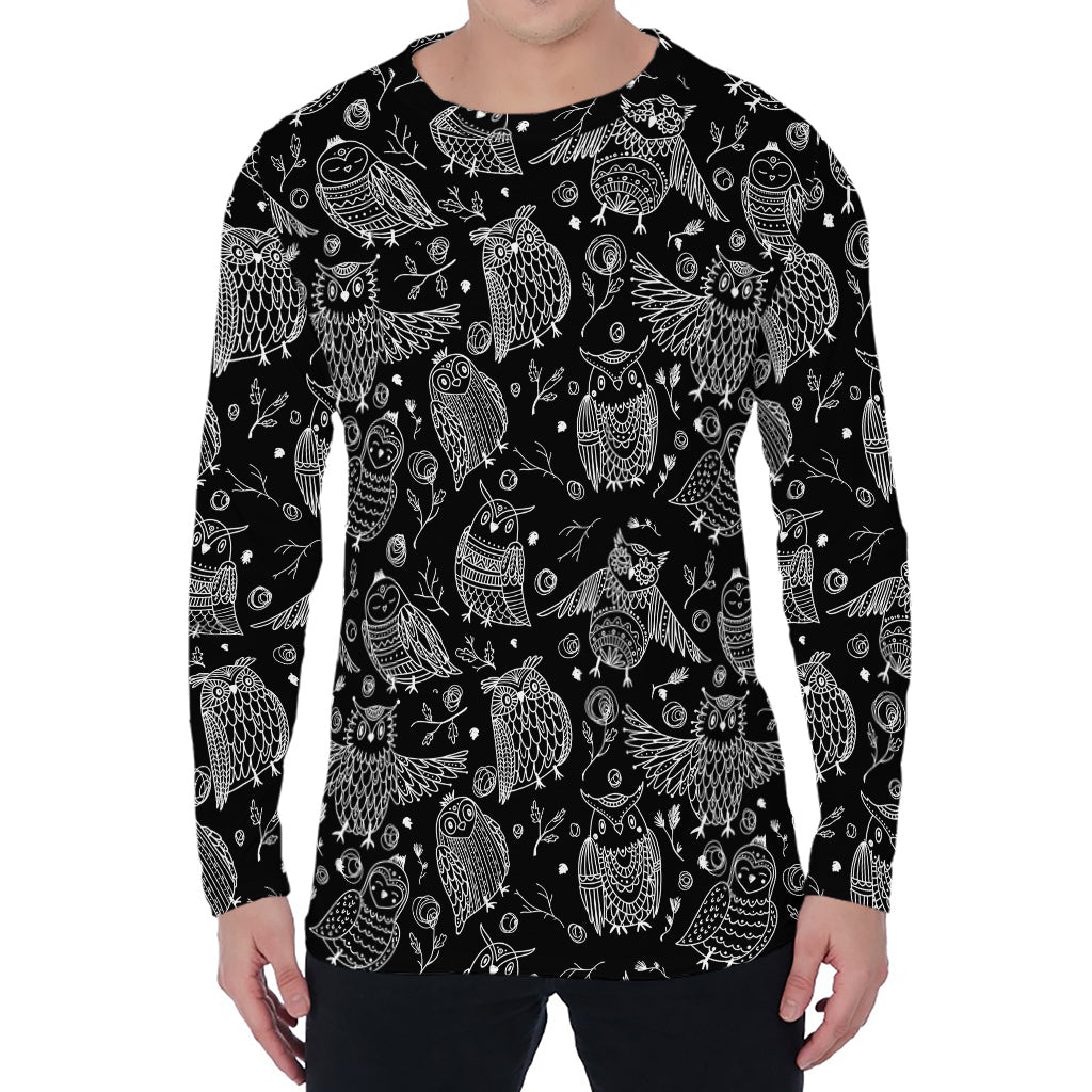 Black And White Owl Pattern Print Men's Long Sleeve T-Shirt