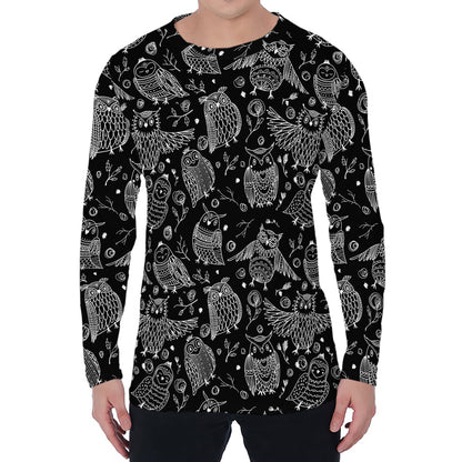 Black And White Owl Pattern Print Men's Long Sleeve T-Shirt