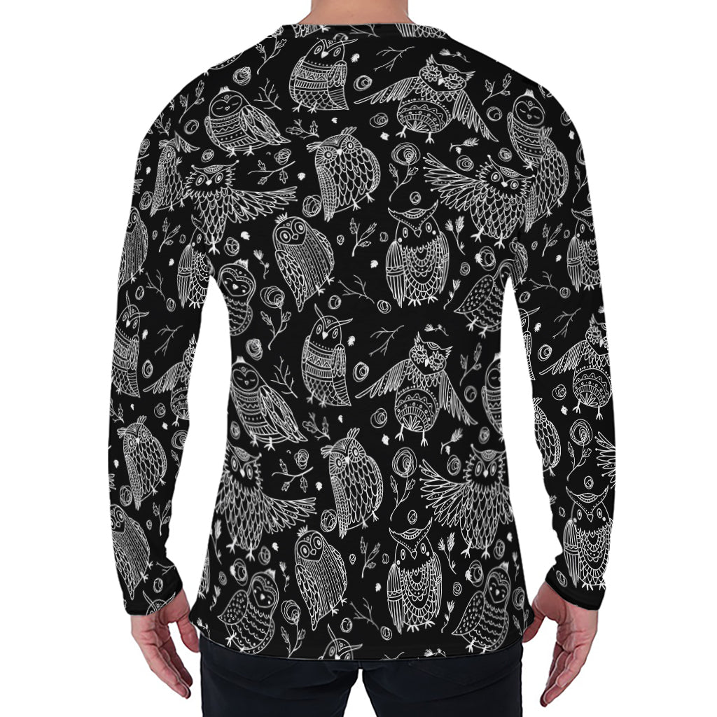 Black And White Owl Pattern Print Men's Long Sleeve T-Shirt