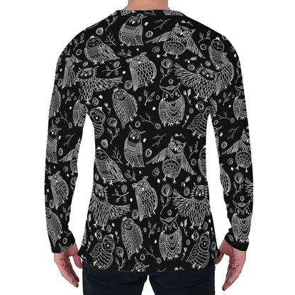 Black And White Owl Pattern Print Men's Long Sleeve T-Shirt