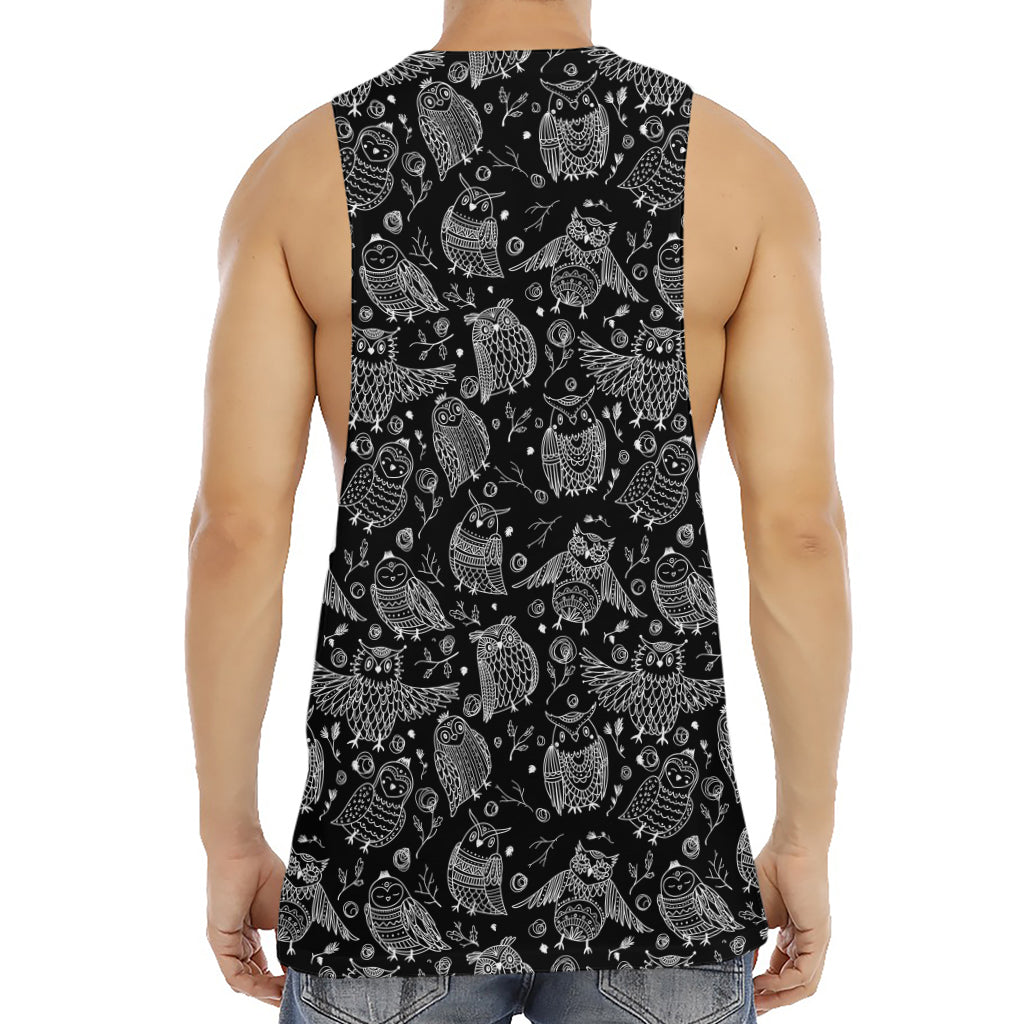 Black And White Owl Pattern Print Men's Muscle Tank Top