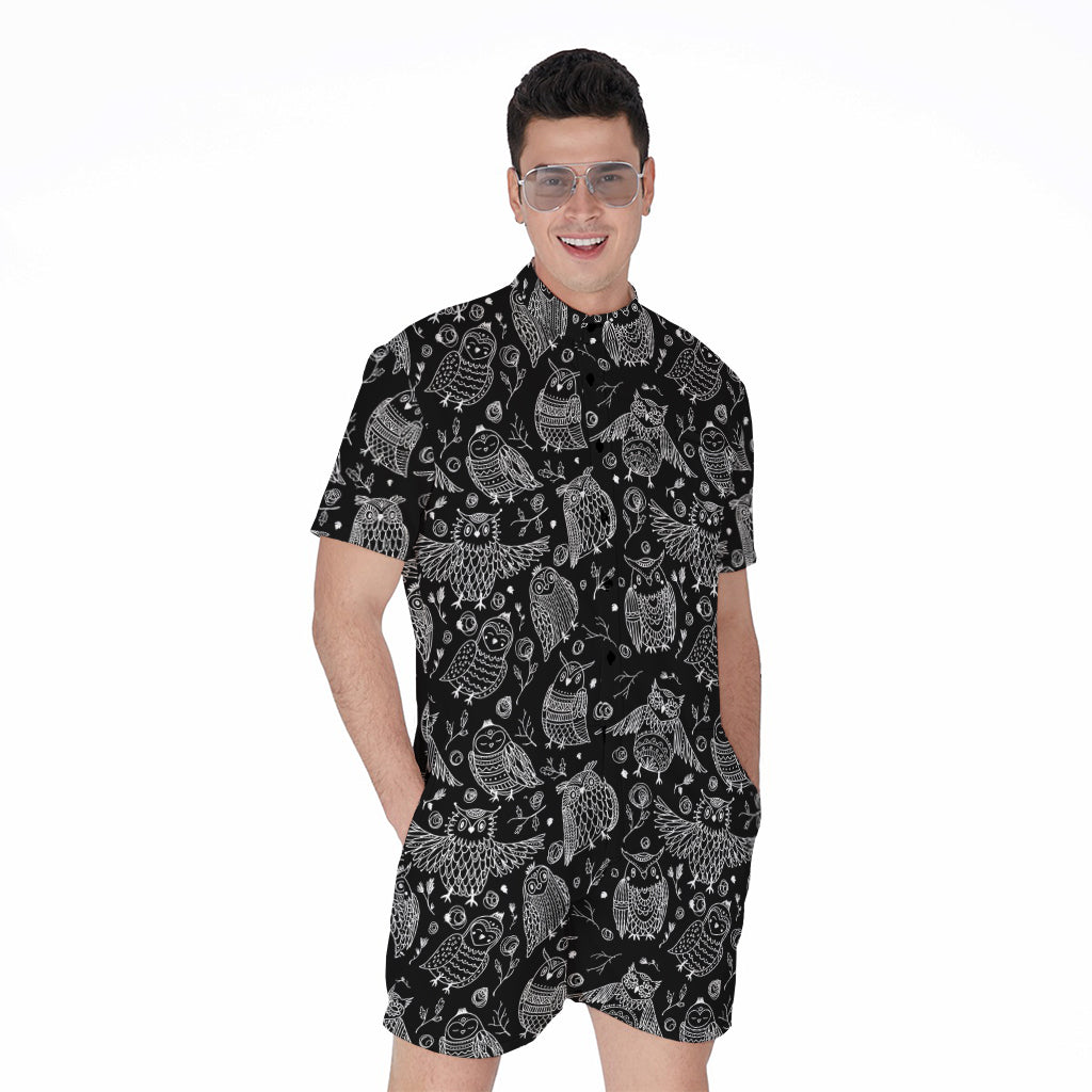 Black And White Owl Pattern Print Men's Rompers