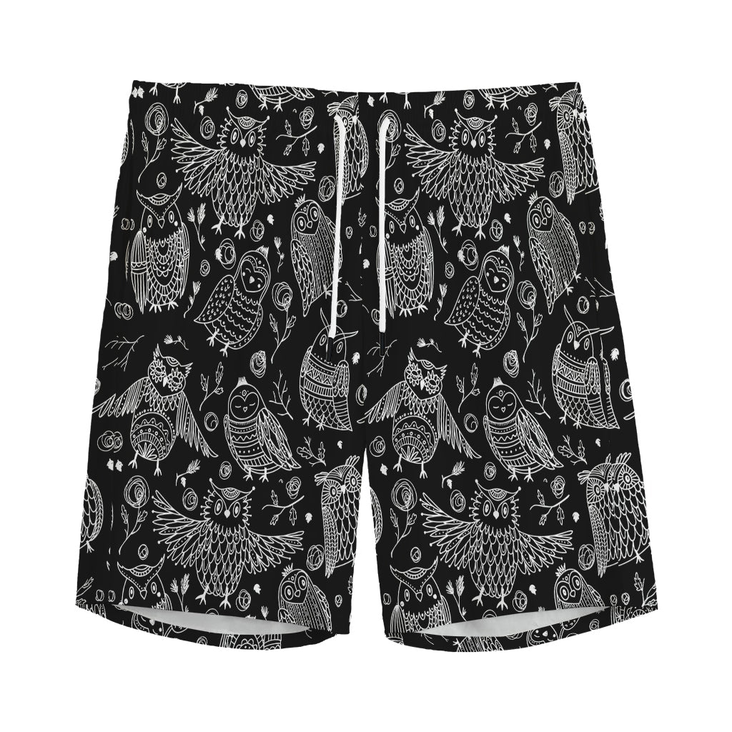Black And White Owl Pattern Print Men's Sports Shorts