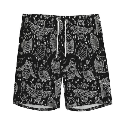 Black And White Owl Pattern Print Men's Sports Shorts