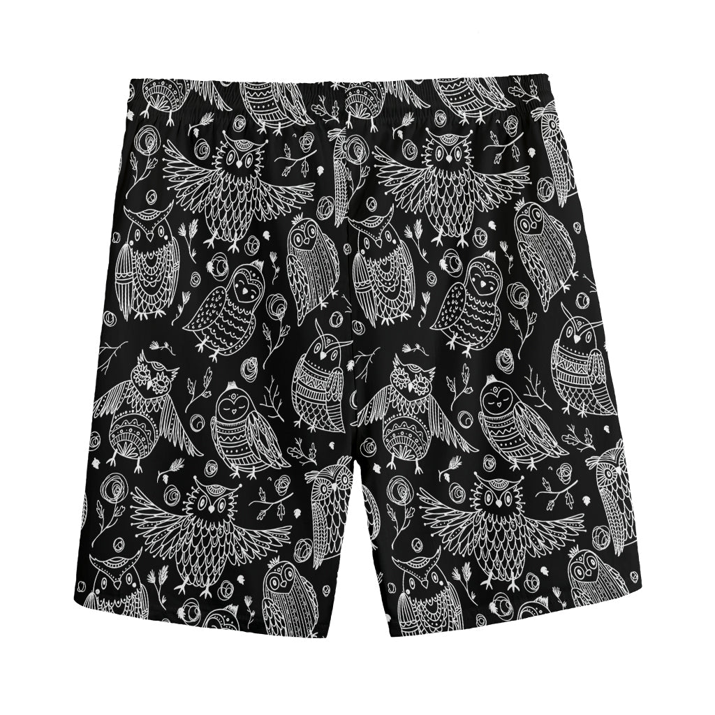 Black And White Owl Pattern Print Men's Sports Shorts
