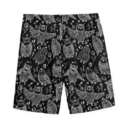 Black And White Owl Pattern Print Men's Sports Shorts