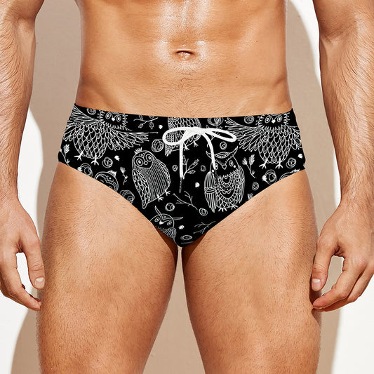 Black And White Owl Pattern Print Men's Swim Briefs